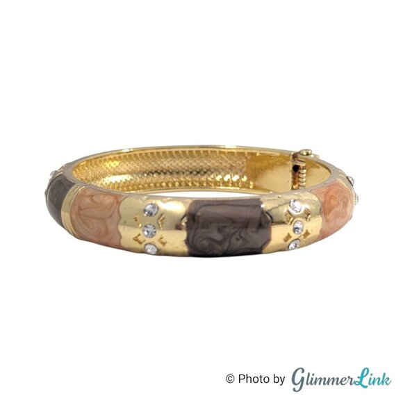 Earth Tone Enamel Gold Tone Hinged Clamper Bracelet - Picture 7 of 9